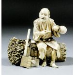 A Japanese carved and stained ivory okimono of a woodcutter seated on a basket of twigs, a double