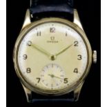 A 1940's gentleman's 9ct gold cased Omega wristwatch, the gilt dial with Arabic numerals and