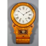 A late 19th Century American walnut drop cased dial wall clock, the 12ins painted metal dial with