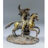 19th Century French green/brown patinated bronze figure of an Eastern figure on horseback, on rustic