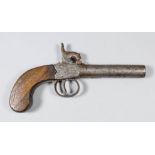 An early 19th Century percussion cap pocket pistol with 3ins barrel and engraved side plates,