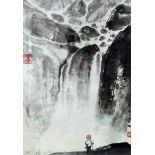 Li Zhang Sheng (1912-1984) - Pair of watercolours - Figure looking towards a waterfall, 13.25ins (