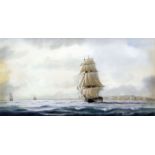 ***Tim Thompson (born 1951) - Watercolour - Sailing ship in calm seas off coast, 8.25ins x 16.25ins,