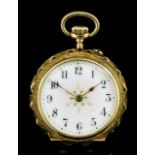 A late 19th Century Swiss 9ct rose gold and enamel fob watch, the white enamel face with Roman