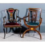 An Edwardian mahogany square back occasional armchair inlaid with boxwood stringings and with