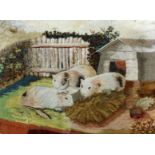 A Victorian woolwork picture worked with three guinea pigs feeding in a farmyard setting, 14.5ins