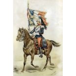 Percy White (late 19th/early 20th Century) - Watercolour - Mounted French dragoon carrying standard,