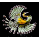 A Norwegian silver and enamel bird of paradise pattern brooch by David Andersen, enamelled in gold