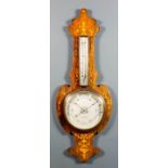 A late Victorian inlaid rosewood cased aneroid barometer and thermometer retailed by Clark &