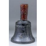 A late 17th Century French bronze bell, the upper part with a moulded cross and "IHS MARIA. 1679",