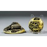 A Japanese carved ivory netsuke in the form of a landscape scene with a house, pine cone trees and