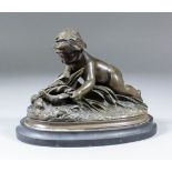 19th Century Continental school - Brown patinated bronze figure of a young child discovering a