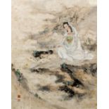 Chinese school - Watercolour - Study of Guanyin seated on a mountain, 17.5ins (43.8cm) x 13.75ins (