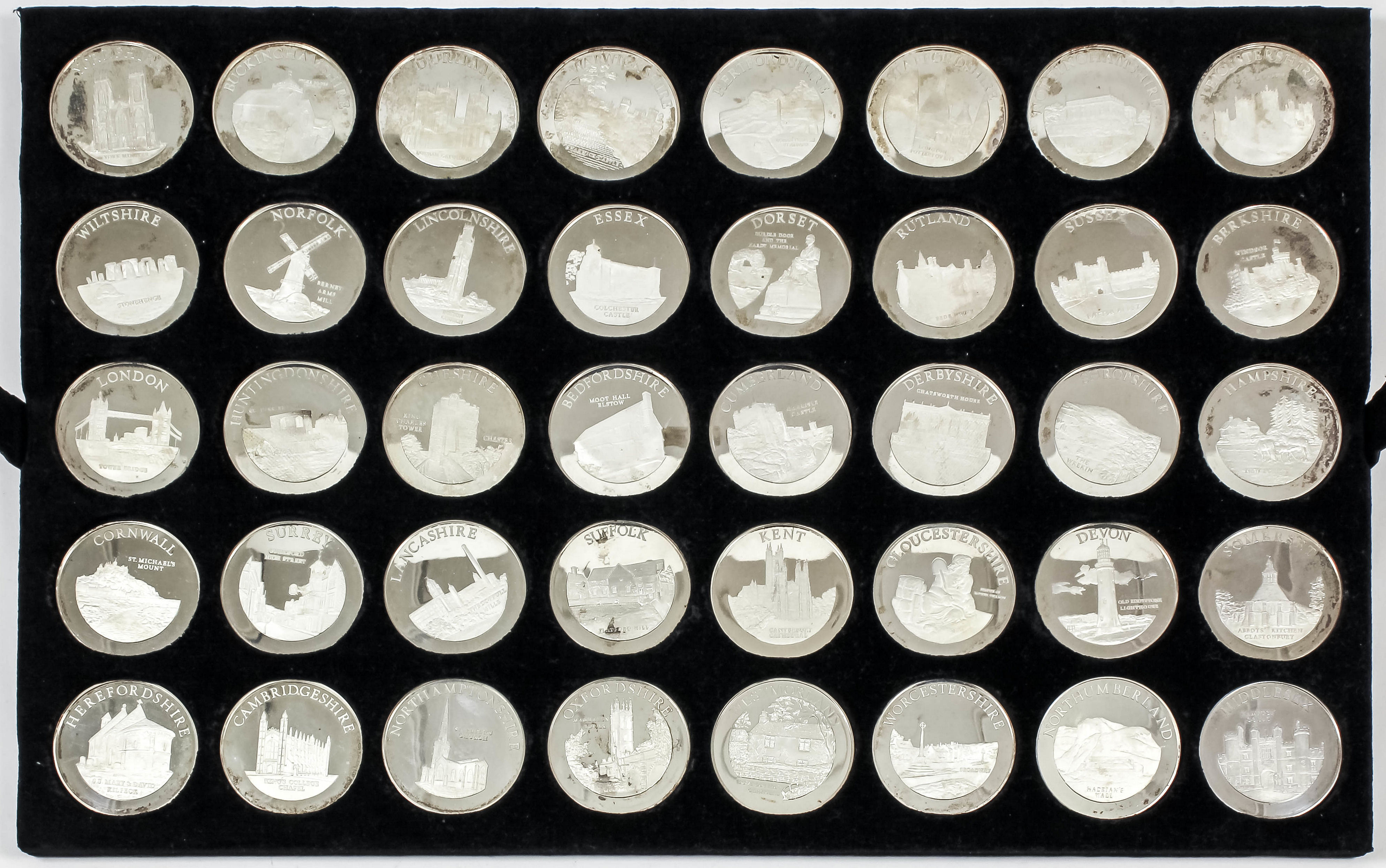 A set of forty Elizabeth II silver circular medallions - "The Ancient Counties of England", each 1.