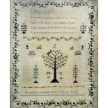 A William IV needlework "Adam and Eve" sampler worked by "Elizabeth Larkin, aged Eleven Years, 1831,