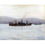 ***Arthur Burgess (1879-1957) - Watercolour - Steamship at anchor with smaller vessels, 8.75ins x