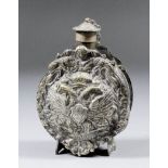 A plated brass Imperial Russian powder flask cast with the double headed eagle to both sides,