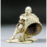 A Japanese carved and stained ivory okimono of a farmer chasing a cockerel with a basket, on