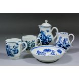 An 18th Century Lowestoft blue and white cream jug painted with pavilions on rocky island, 3.25ins