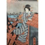 Japanese school - Woodblock print of standing female figure in the stern of a boat with other