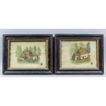 A pair of early 19th Century coloured needlework panels of houses, signed "J.M", and dated 1819,