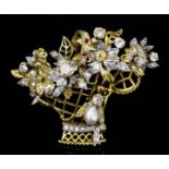 A 1950's gold coloured metal mounted diamond, ruby, and pearl set floral basket pattern brooch,