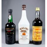 Four one litre bottles of Malibu Tropical Coconut liqueur (24% proof), two one litre bottles of