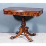 An early Victorian mahogany rectangular tea table with rounded front corners, the plain folding