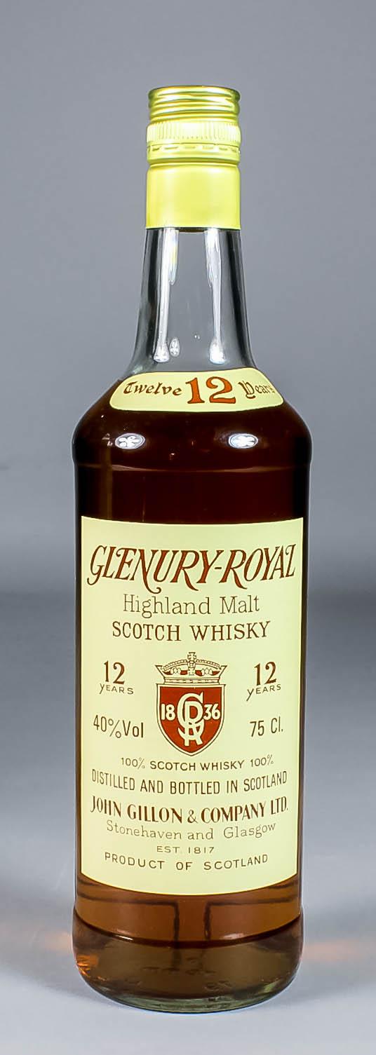 One bottle of Glenury-Royal twelve year old Highland Malt Whisky, distilled and bottled by John