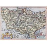 John Speed (1552-1629) - Coloured engraving - "Miniature Map of Kent", 3.5ins x 5ins, with text to