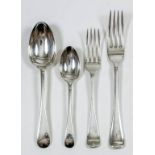 A set of six George V silver Old English pattern dessert spoons and six dessert forks engraved