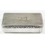 A George IV silver rectangular snuff box with cast leaf scroll thumbpiece and engine turned