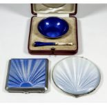 A George VI silver and sky blue guilloche enamel compact with engine turned borders and base, 2.