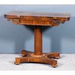 A William IV rosewood rectangular card table with rounded front corners, plain baize lined folding