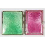 A George V silver and pale green guilloche enamel rectangular cigarette case with engine turned