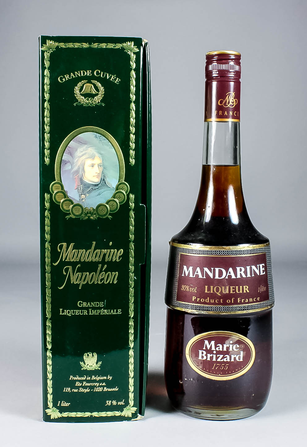 Fourteen one litre bottles of Mandarine Napoleon Liqueur (38% proof), and one other one litre bottle