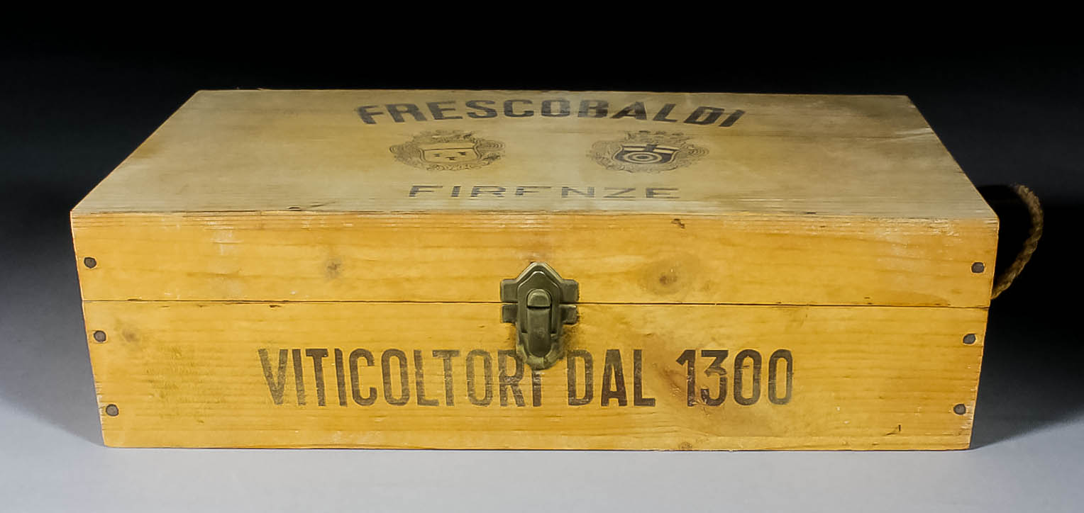 Three two bottle wooden wine boxes, retailed by Frescobaldi of Florence, two containing two