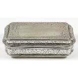 A Victorian silver table snuff box of shaped outline, with reeded mounts, engraved with leaf