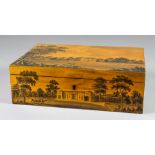 A Victorian Mauchline ware sycamore and penwork gaming box, the lid and sides decorated with stately