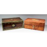 A lady's Victorian rosewood brass bound toilet box, the interior with plated topped glass fitments