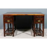 A Chinese stained wood and panelled kneehole desk with flush panel to top, fitted two drawers to