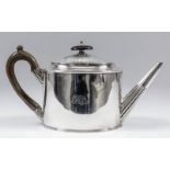 A George III silver oval teapot with plain body, reeded domed lid and part reeded spout, with