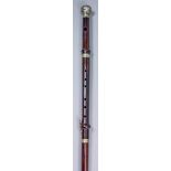 A late 19th Century novelty rosewood walking cane, the upper part in two sections forming a single