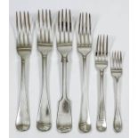 Four William IV silver Old English pattern table forks by W.T., London 1831 (initialled) a selection