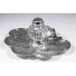 A Victorian silver one-handled semi-circular shaped inkstand of lobed outline, with moulded rim