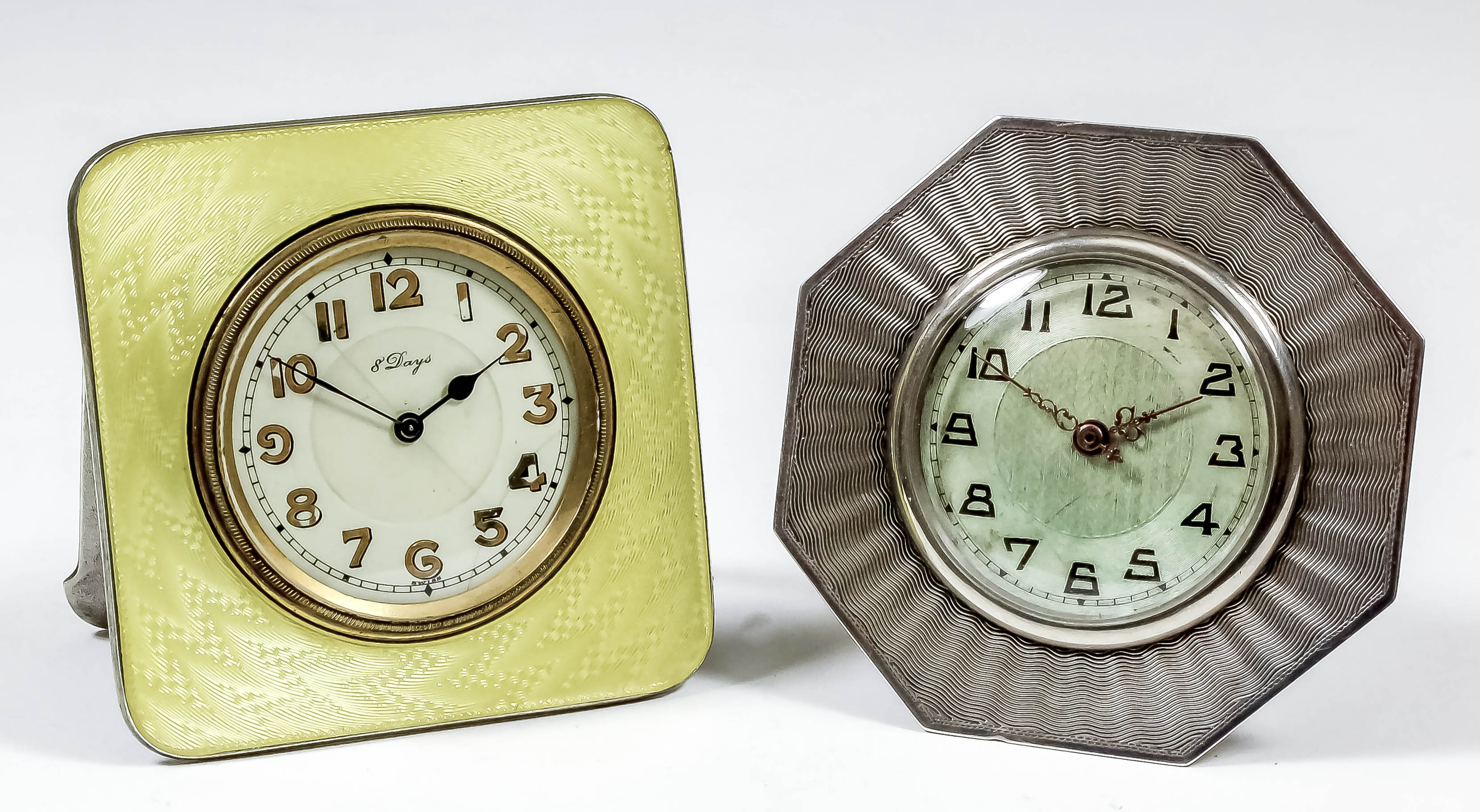 An early 20th Century Swiss silver and yellow enamel cased desk timepiece by the Concord Watch