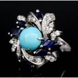 A modern silvery coloured metal mounted turquoise, sapphire, and diamond set flowerhead pattern