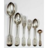 A William IV silver fiddle pattern part table service, comprising - seven table forks, five