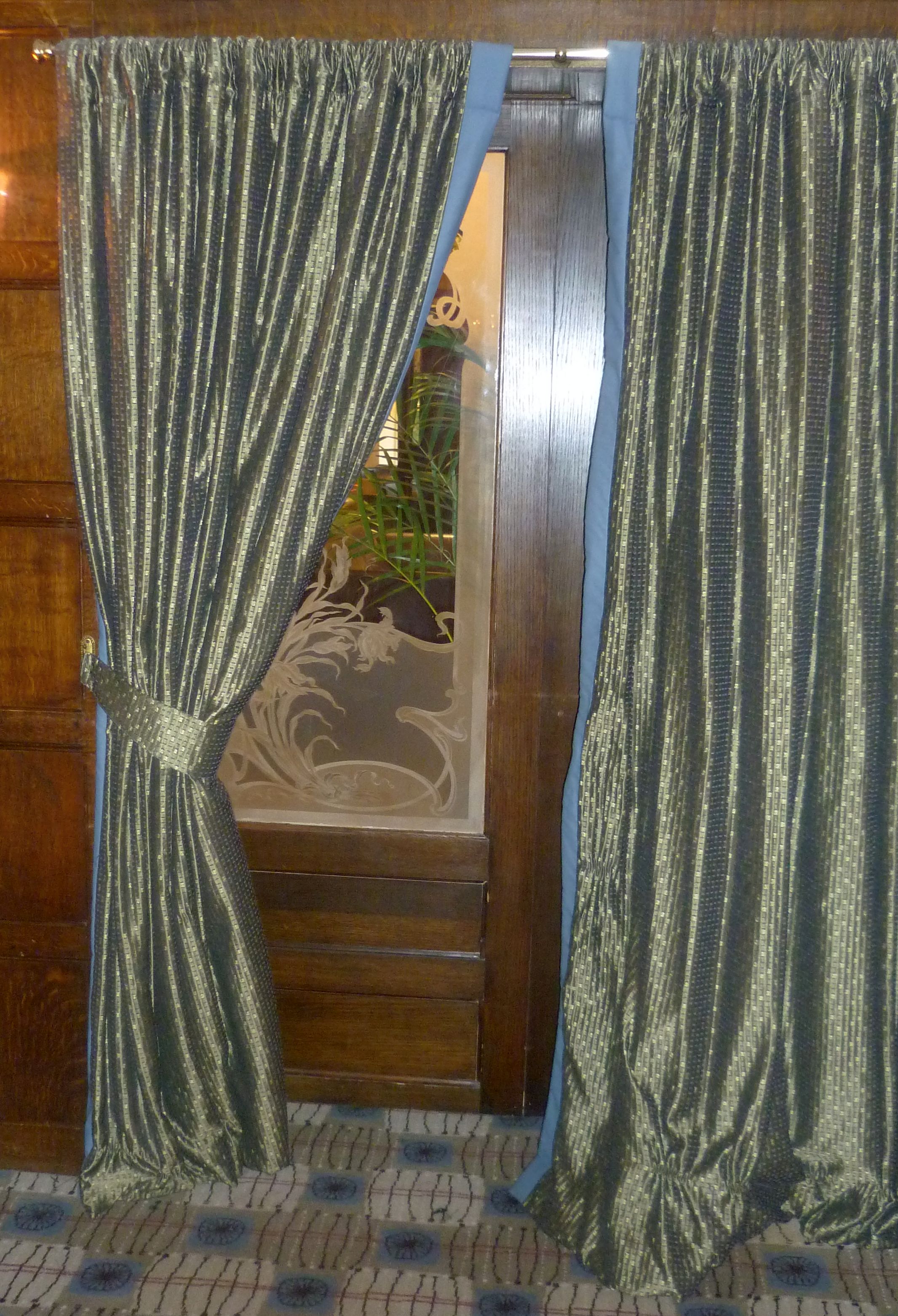 *3 pairs of dark green, gold and purple curtains, 81" drop and the matching tie backs