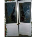 *A pair of oak and white painted doors with Art Nouveau inspired floral frosted glazed panels,78"